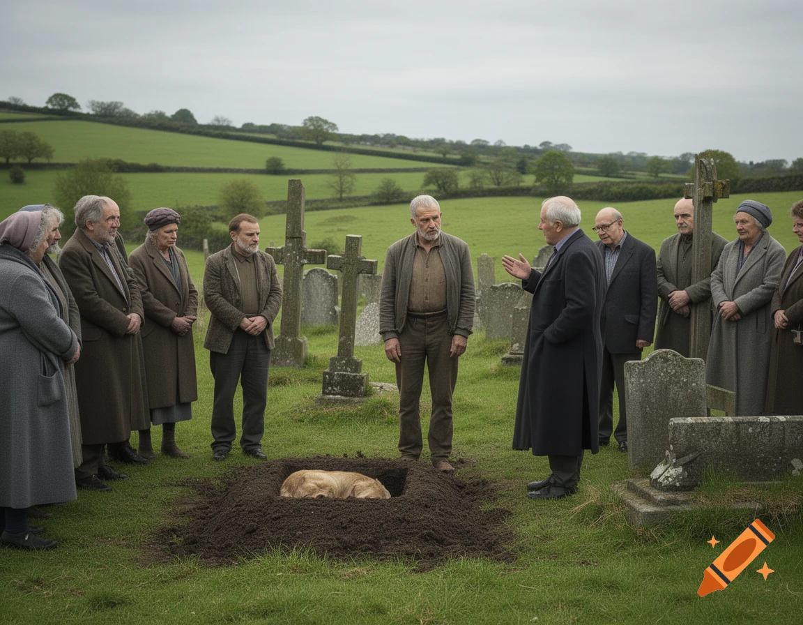 Elderly people attend a dog's burial in a rural cemetery, gathered around an open grave with a man speaking, photorealistic.