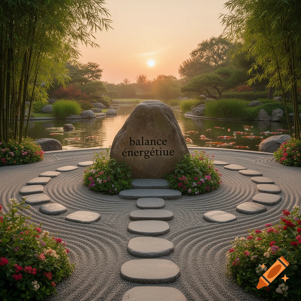 A serene Japanese zen garden at sunrise with a rock inscribed 'balance énergétiue', raked gravel, stepping stones, a koi pond, and bamboo.