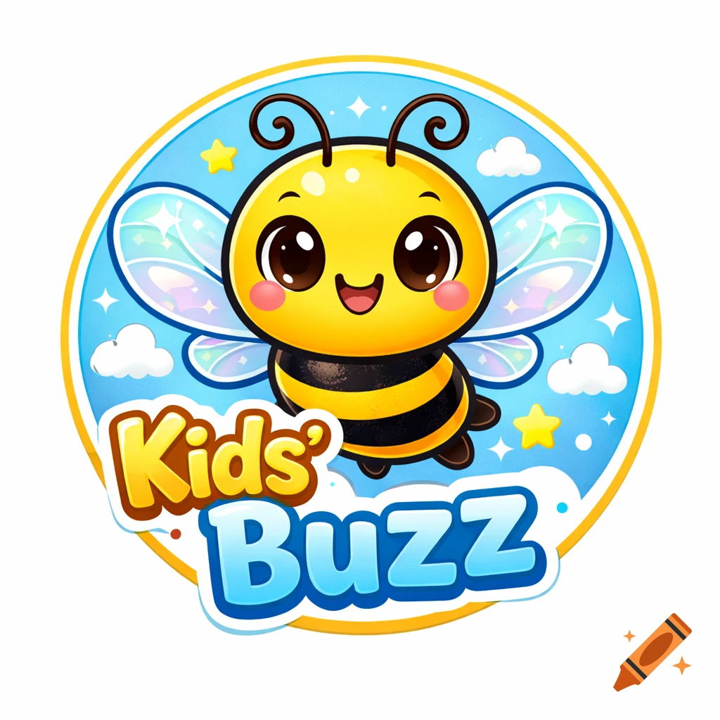 A cute cartoon bee with big eyes, black stripes, and iridescent wings, smiling in a blue circular logo with text 'Kids' Buzz' and stars.