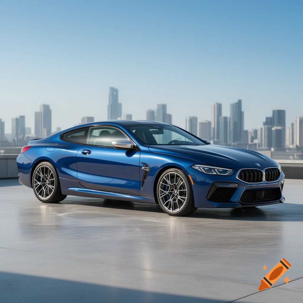 A blue BMW M8 sports coupe is parked on a rooftop with a city skyline in the background on a sunny day.