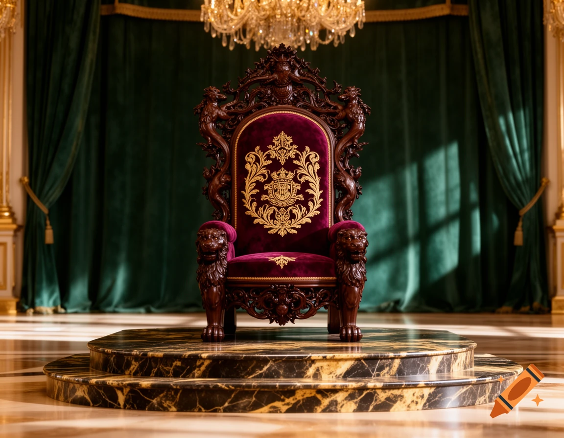 An ornate, dark wood and purple velvet throne with a golden emblem sits on a marble pedestal in a grand room.