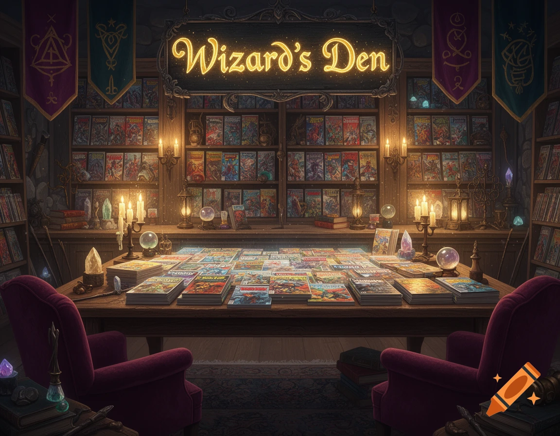 A mystical comic book store called "Wizard's Den" with a glowing sign, shelves packed with comics, a large display table of comics, and two plush armchairs.