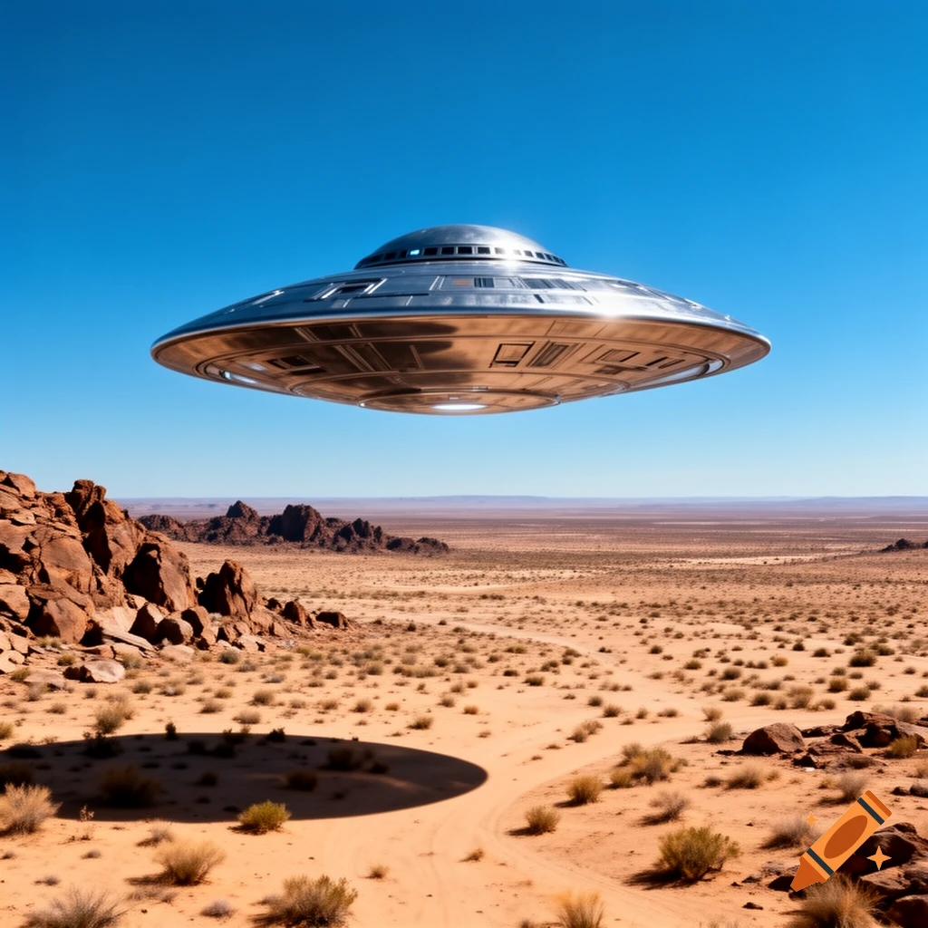 A gleaming silver flying saucer hovers above a vast, rocky desert landscape under a clear blue sky, casting a circular shadow.