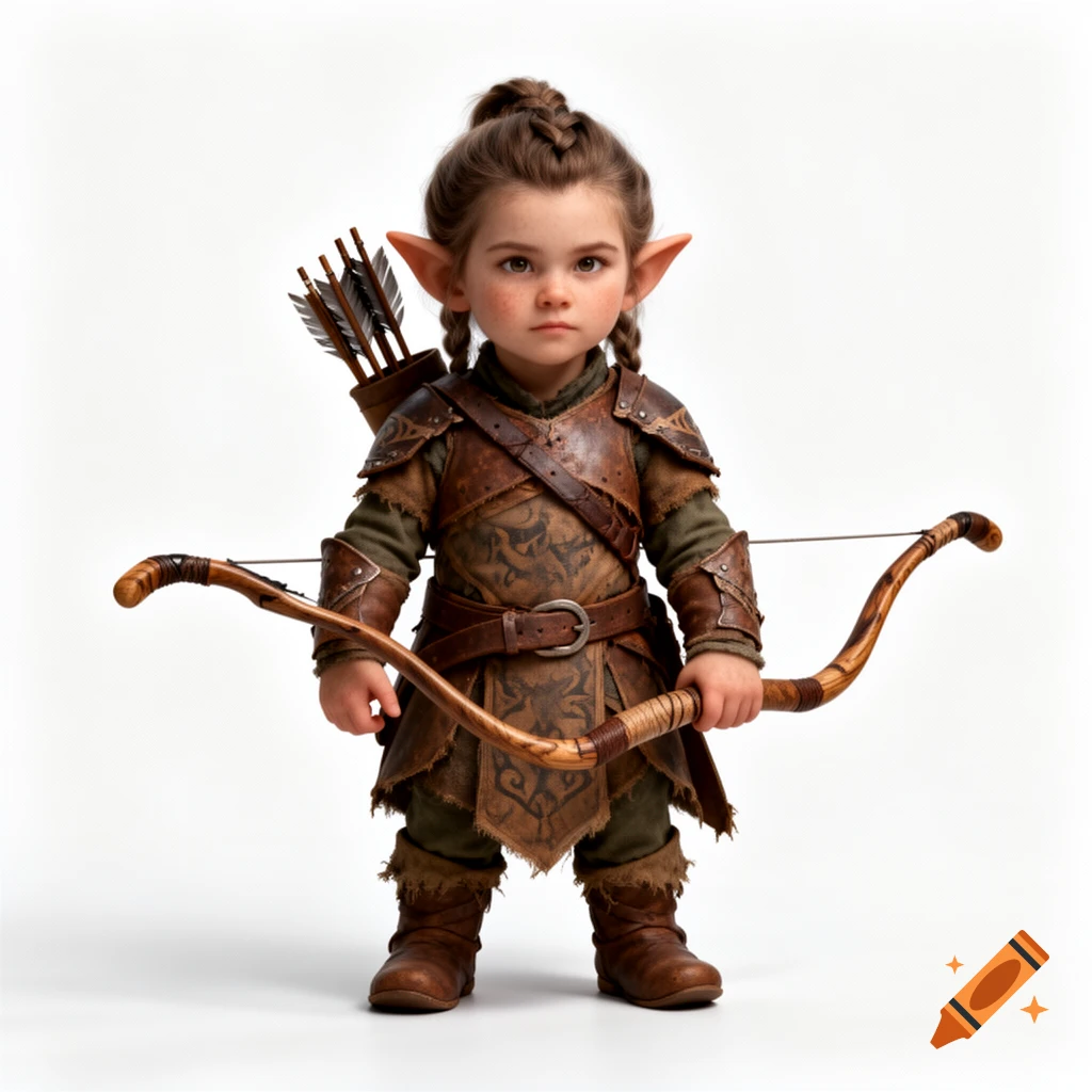 A young, photorealistic child with pointed ears and braided hair, dressed in fantasy leather armor, holding a bow with a quiver of arrows on a white background.