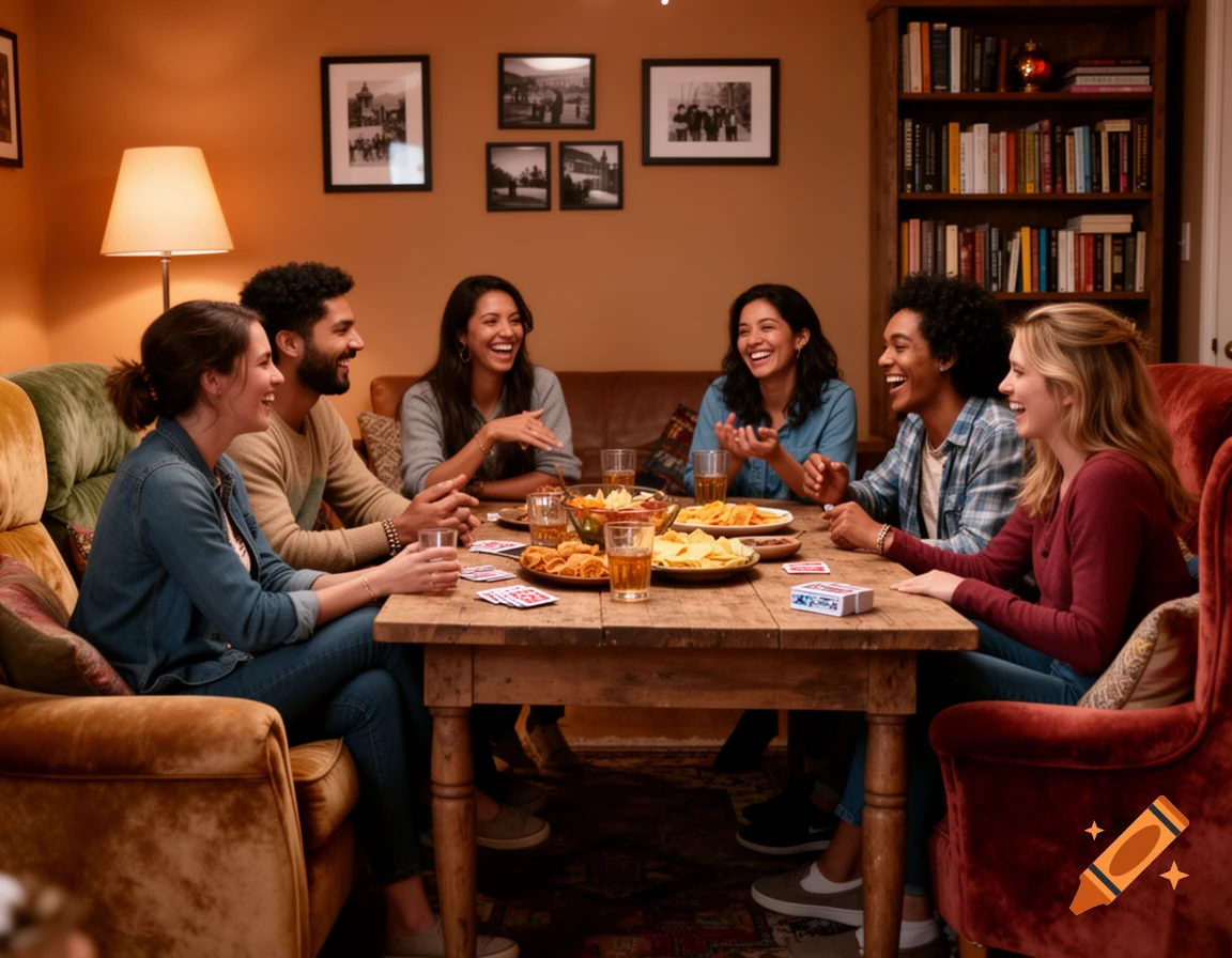 A diverse group of six friends laughing and playing cards around a wooden table laden with snacks and drinks in a warm, cozy living room.
