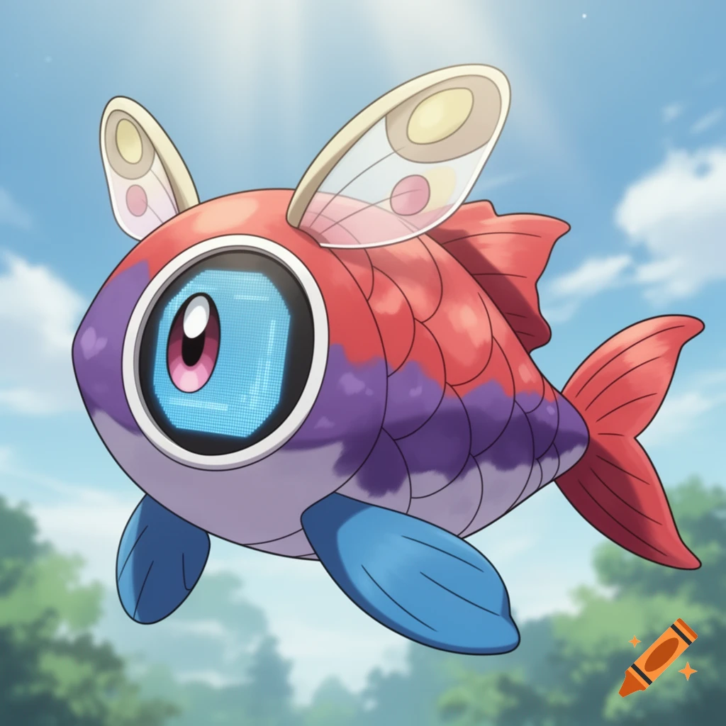 A red and purple cartoon fish creature with moth-wing ears, blue fins, and a large digital eye, flying against a blue sky with green trees below.