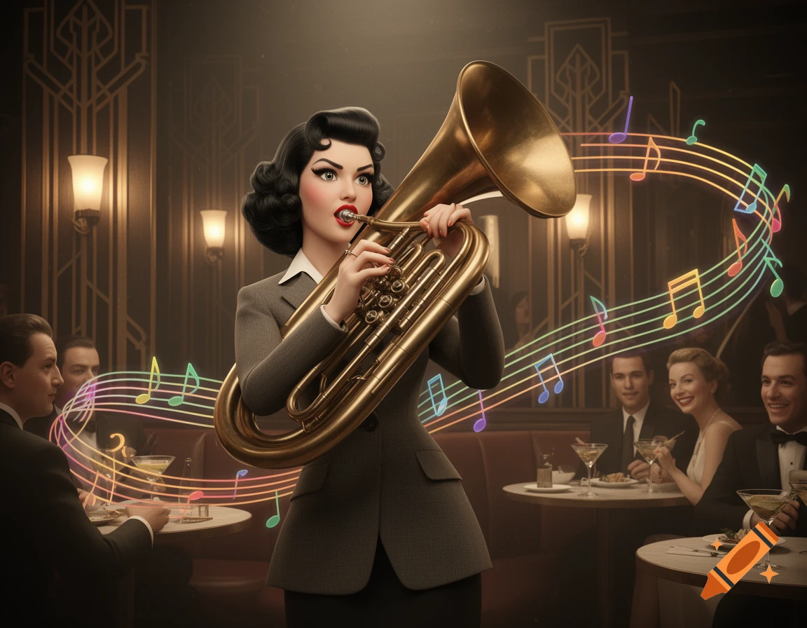 A stylized woman with dark hair and red lipstick plays a bronze tuba in a dimly lit Art Deco jazz club, with colorful musical notes floating around.