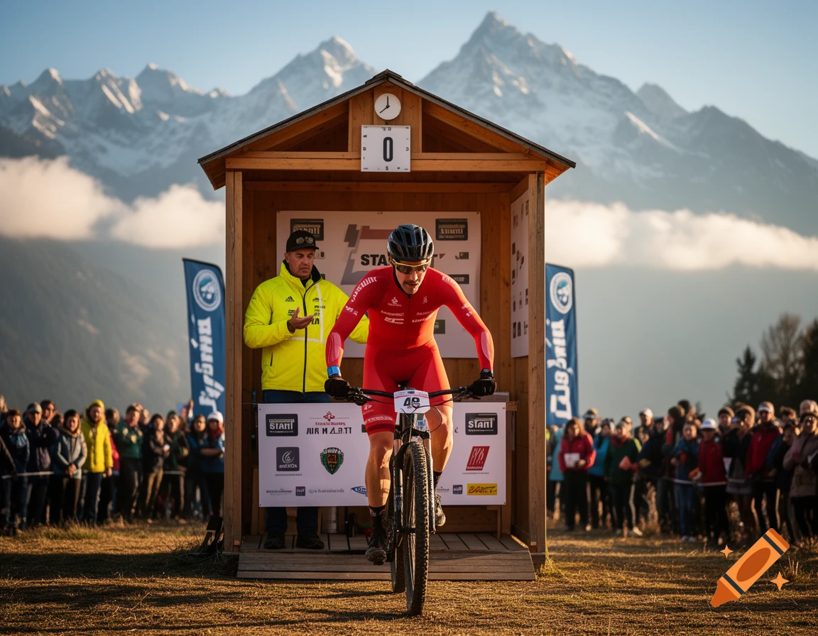 A mountain bike racer in a red suit on their bike, stands at the start hut with an official, snowy mountains, and spectators in the background.