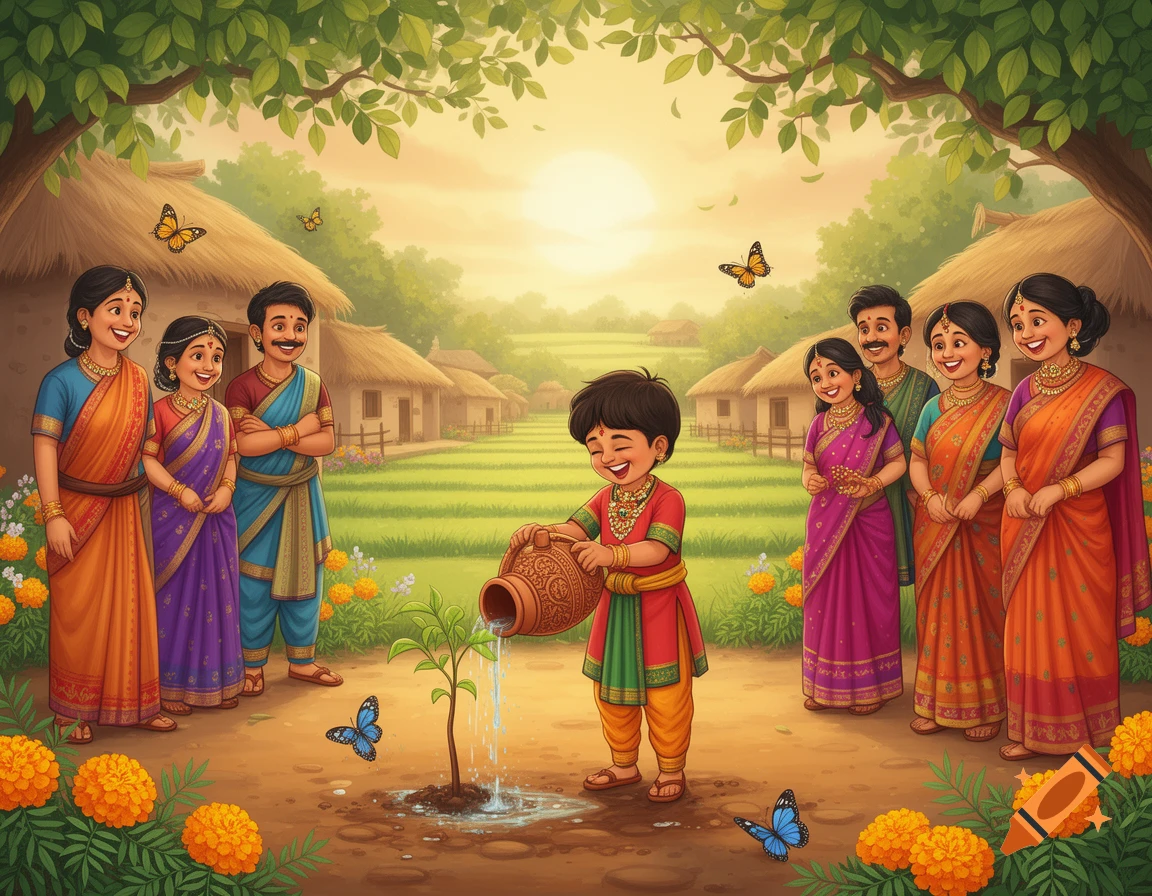 An illustrated scene of a young boy watering a sapling, surrounded by smiling adults and children in traditional Indian attire in a sunny village.