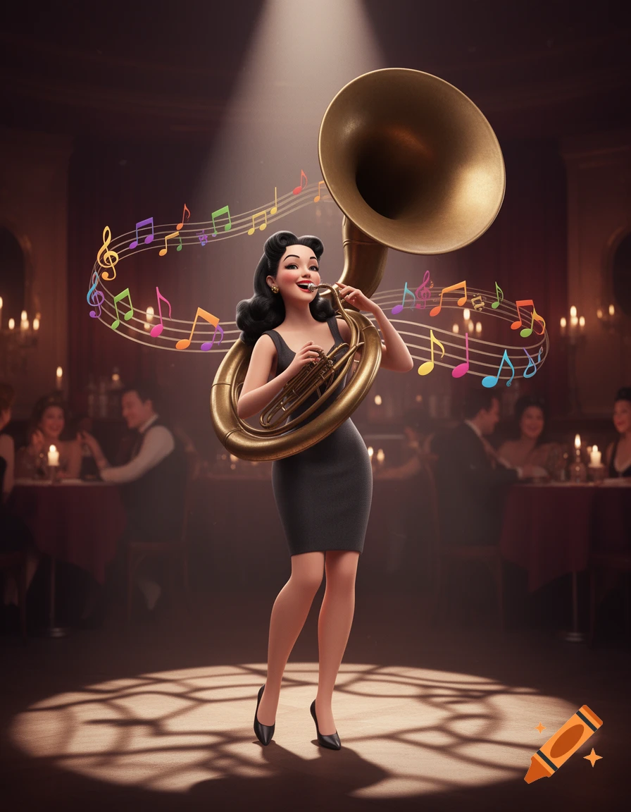 A stylized 3D woman in a black dress plays a bronze sousaphone on stage in a dimly lit jazz club, with colorful musical notes floating around her.
