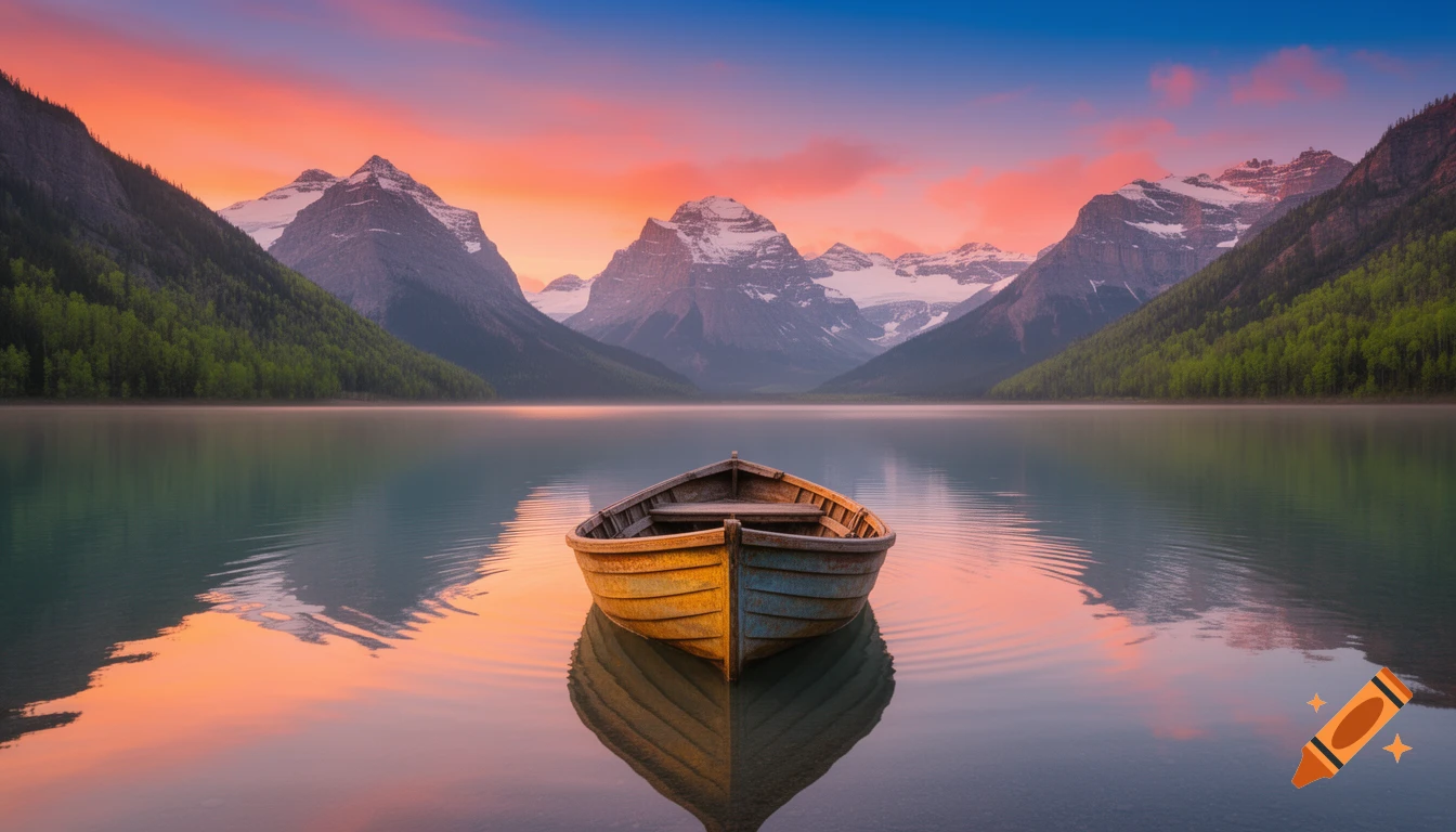 A lone wooden boat sits on a calm lake reflecting a vibrant sunset sky and distant snow-capped mountains.