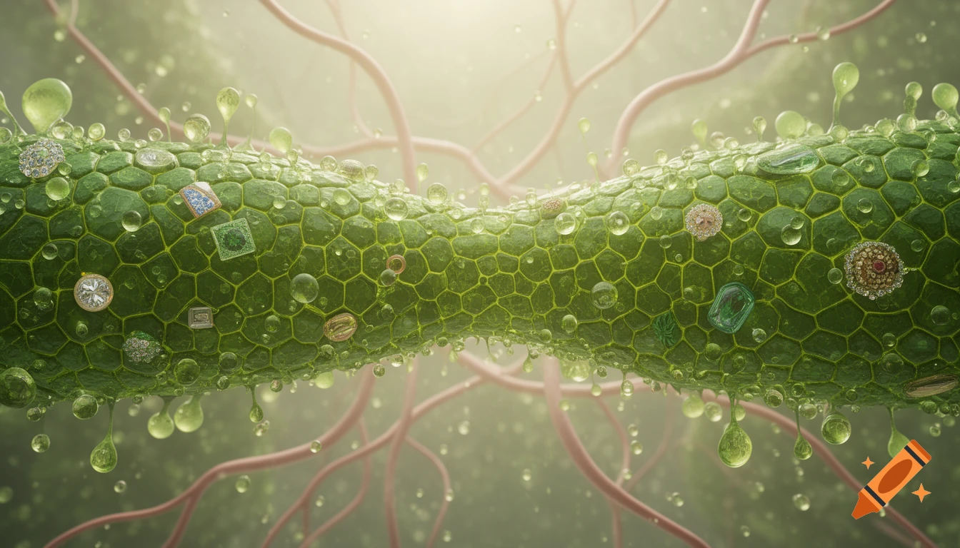 Photorealistic close-up of a green cellular structure covered in water droplets and sparkling inclusions, with blurred pink veins in the background.