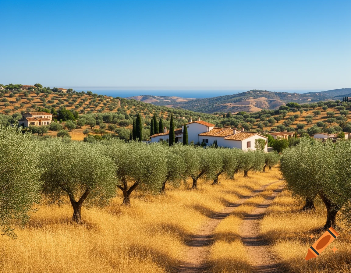 A sunny Mediterranean landscape with olive groves, scattered houses, and a winding dirt path leading towards the distant blue sea.