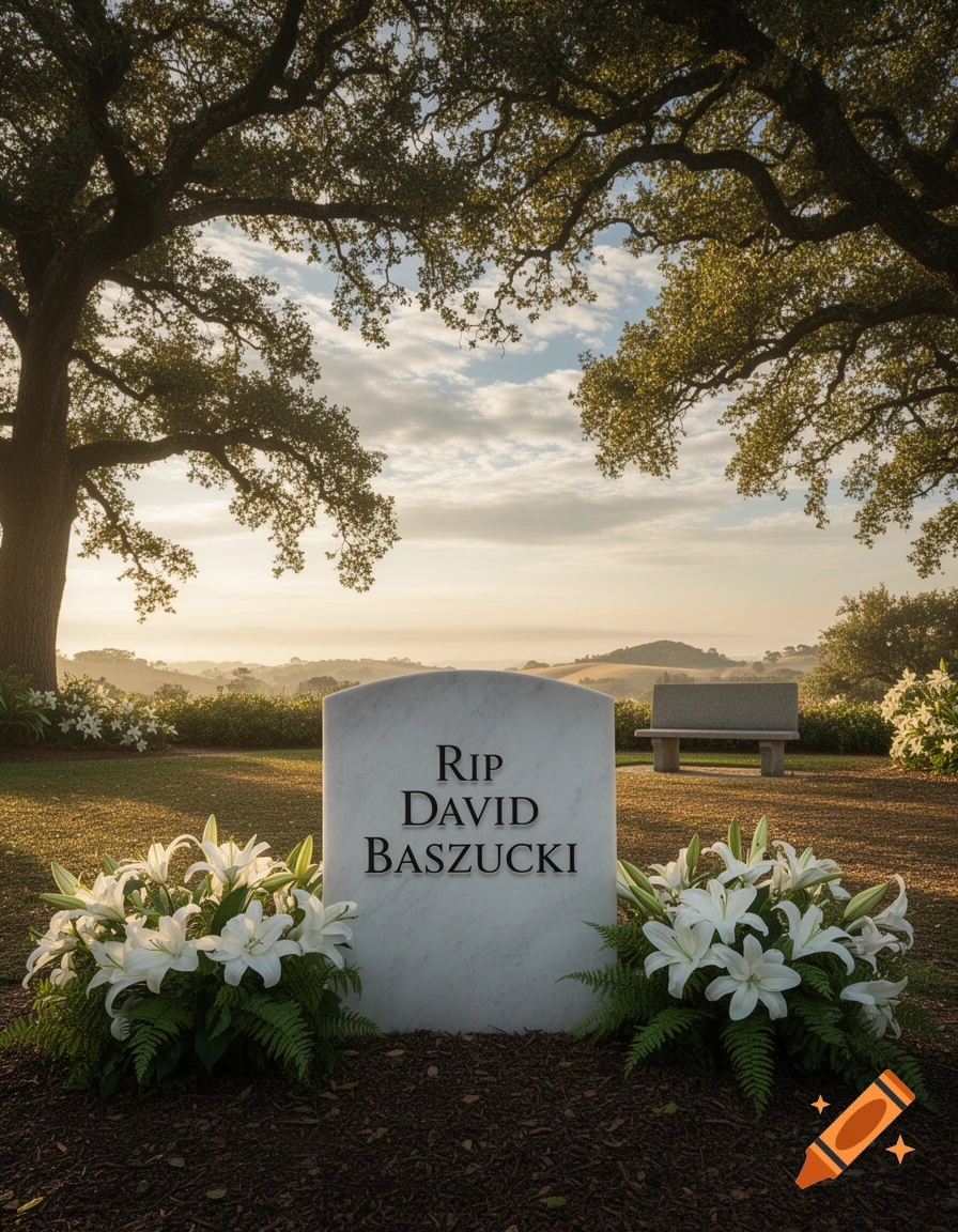 A photorealistic image of a white gravestone with 'RIP DAVID BASZUCKI' in a sunny cemetery, adorned with white lilies and ferns. Large oak trees and rolling hills are in the background.