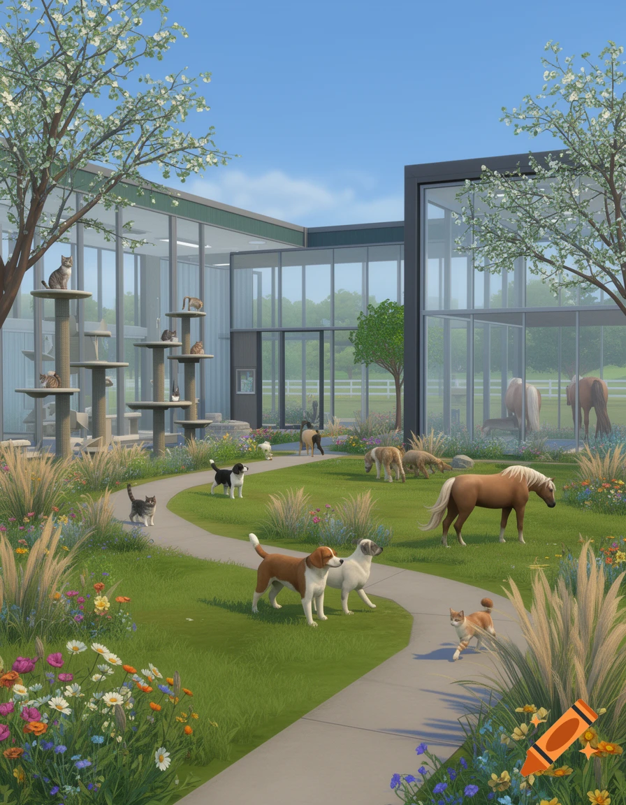 A modern, Sims 4-style animal shelter with glass buildings and a lush green lawn. Cats are on tall scratching posts, while dogs and horses roam outdoors.