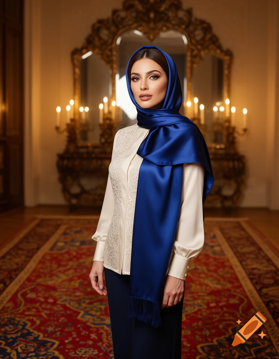A sophisticated woman in a deep blue hijab and an embroidered cream blouse stands in a luxurious room with a large ornate mirror.