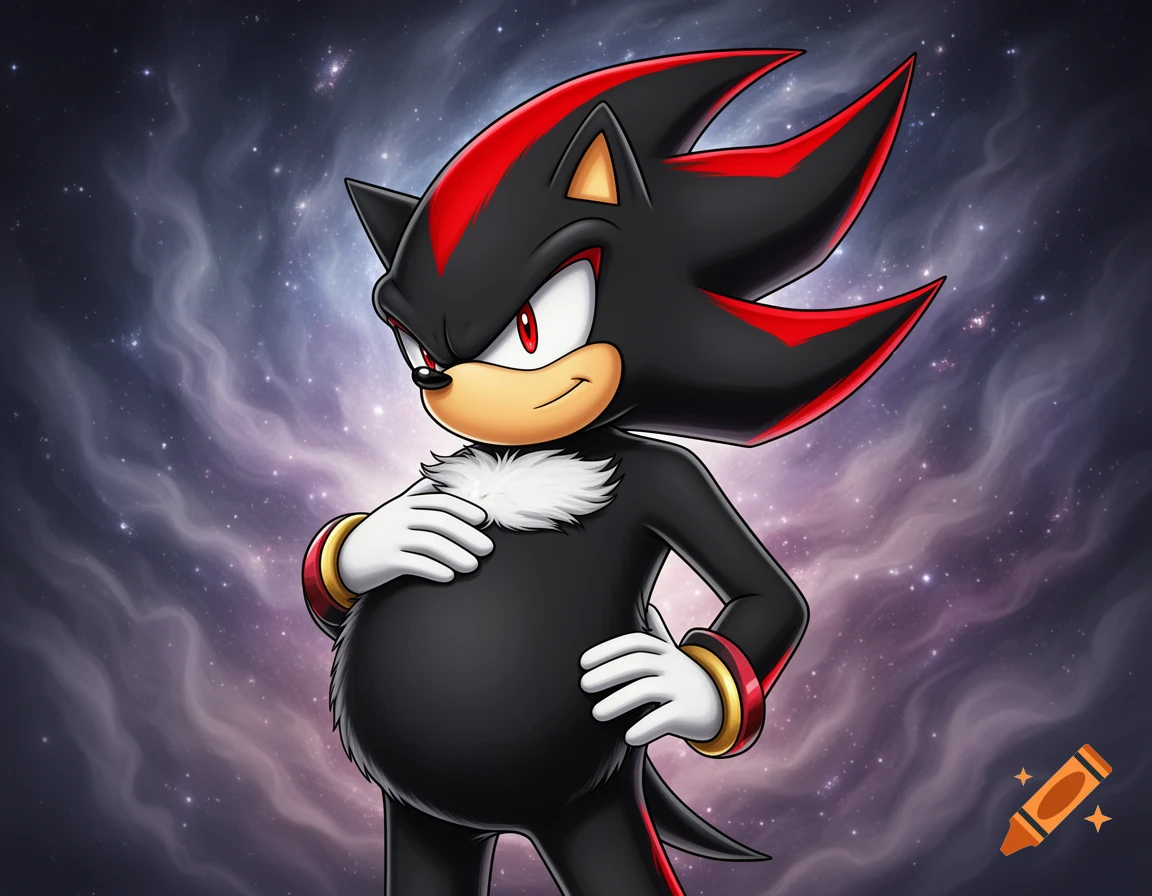 Shadow the Hedgehog, an anthropomorphic black and red hedgehog, smiles while rubbing his large black belly against a cosmic background.