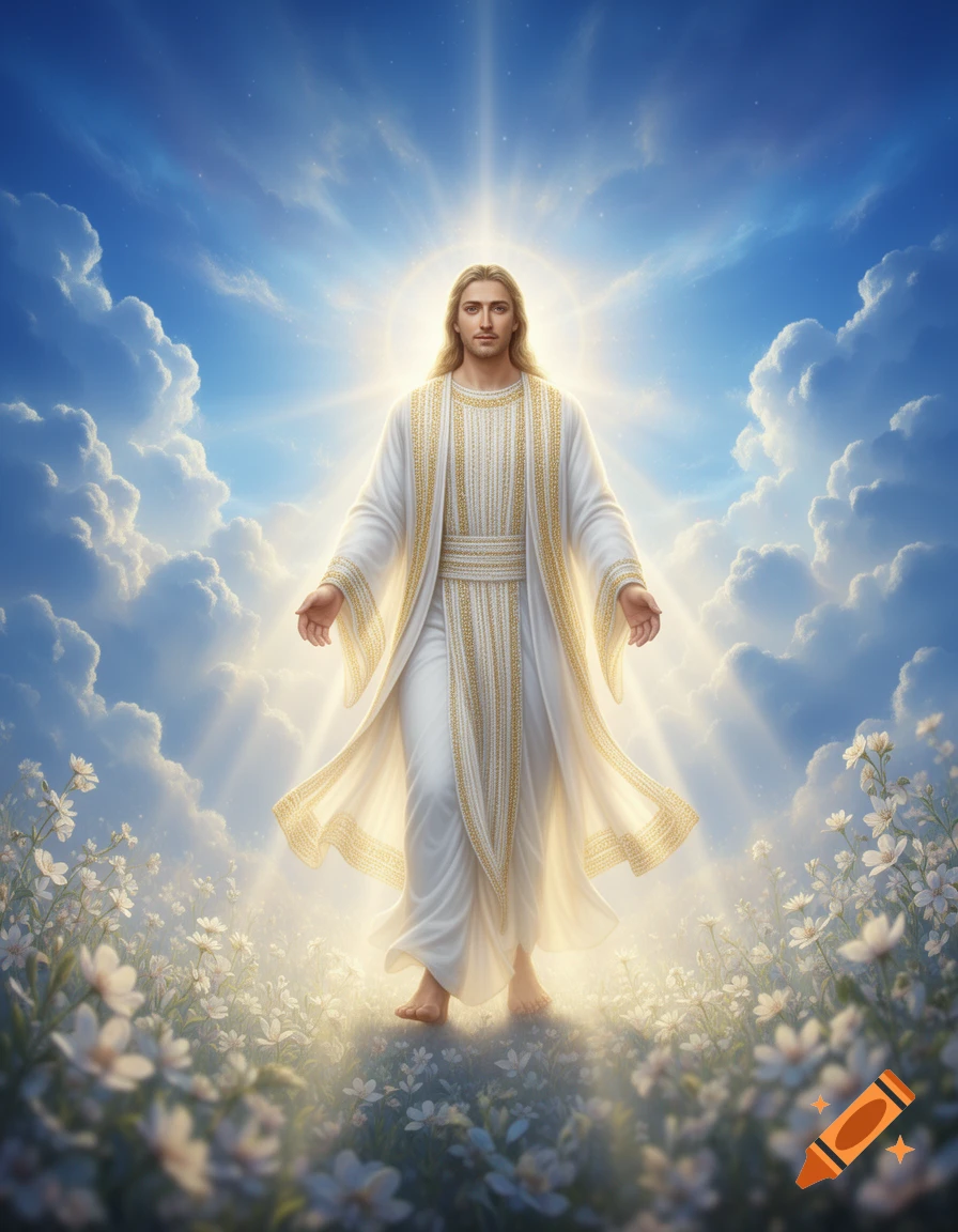 A man resembling Jesus Christ stands on a field of white flowers, illuminated by radiant light under a blue sky with clouds.