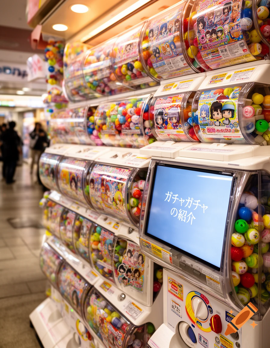 A row of brightly lit gacha gacha machines in a Japanese arcade, with anime characters on the capsules and a screen displaying text.