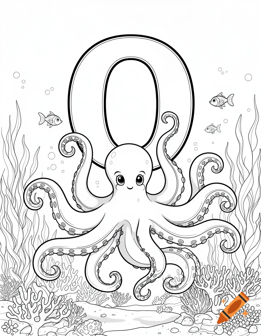 Black and white coloring page featuring a smiling cartoon octopus with a large letter O, surrounded by seaweed and coral.