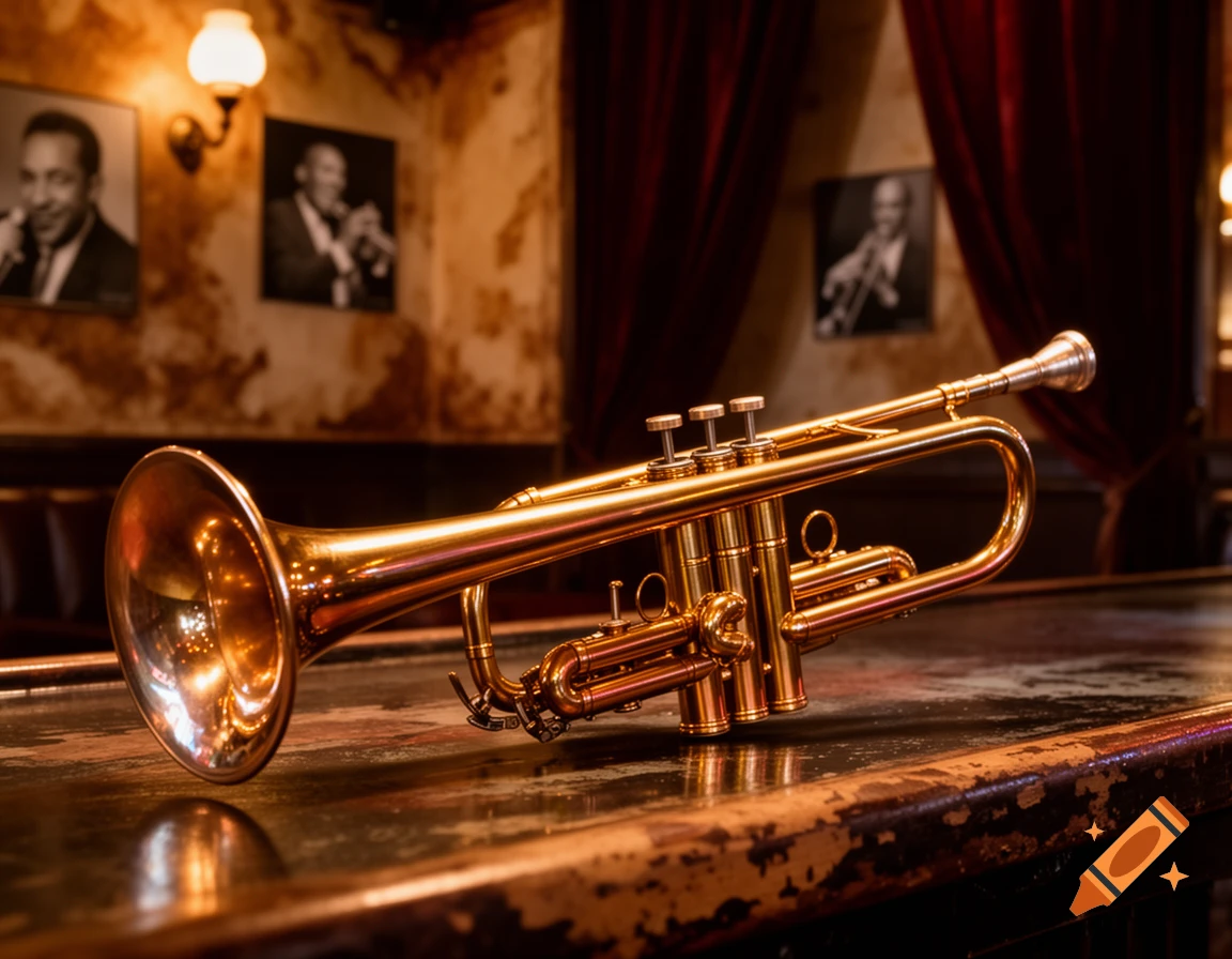 A gleaming golden trumpet rests on a worn bar counter in a dimly lit, cozy jazz club, with framed musician portraits and red curtains in the background.