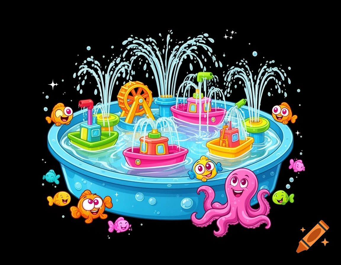 Cartoon children's water table with colorful toy boats, water fountains, a pink octopus, and fish swimming on a black background.