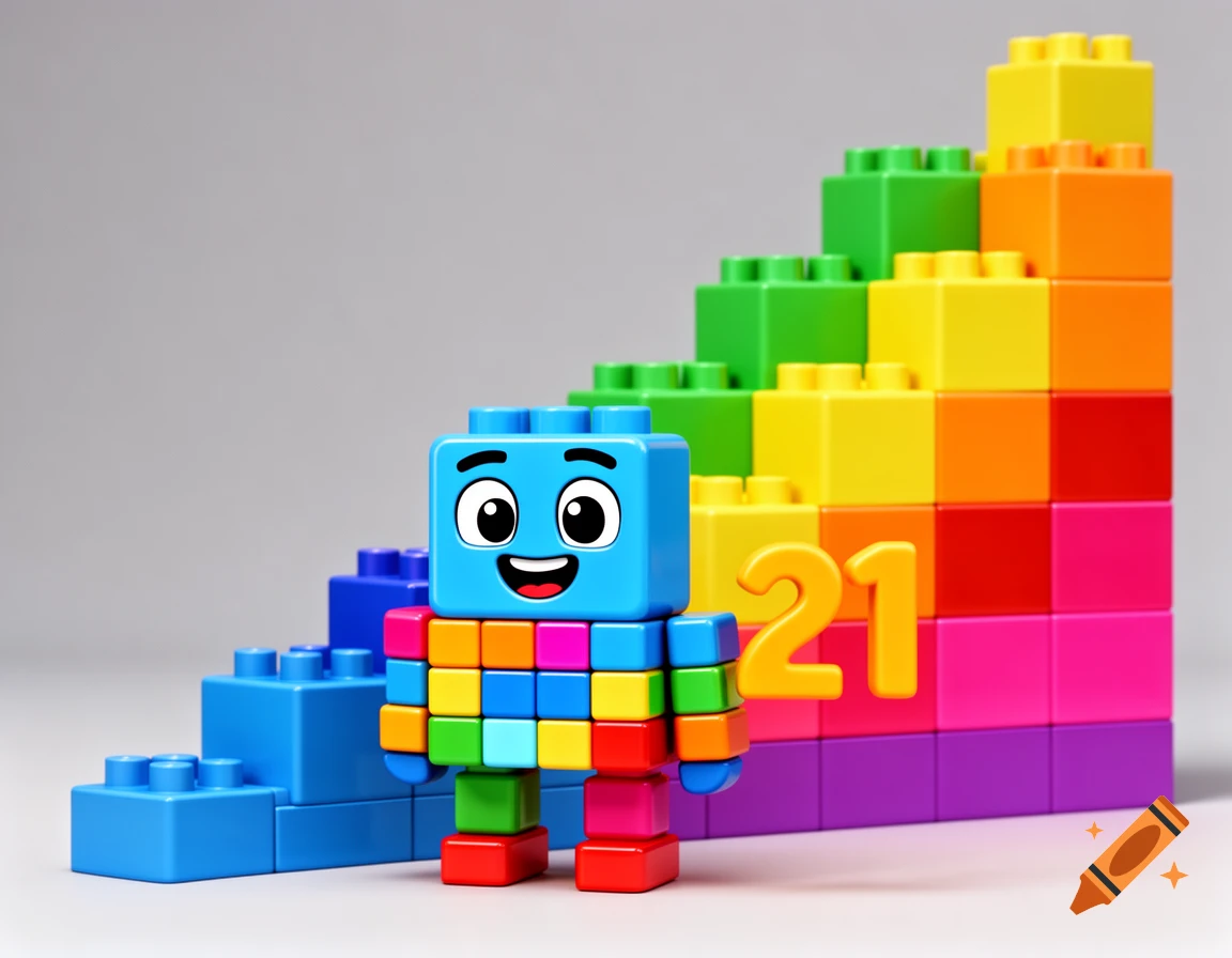 A colorful toy block character stands next to a rainbow stack of blocks with the number 21.
