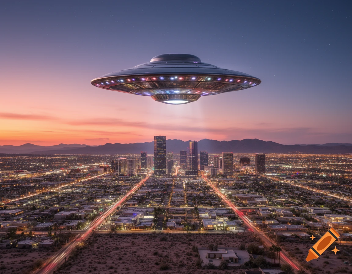 A photorealistic image of a large metallic UFO with colorful lights hovering above a sprawling city at sunset, with distant mountains.