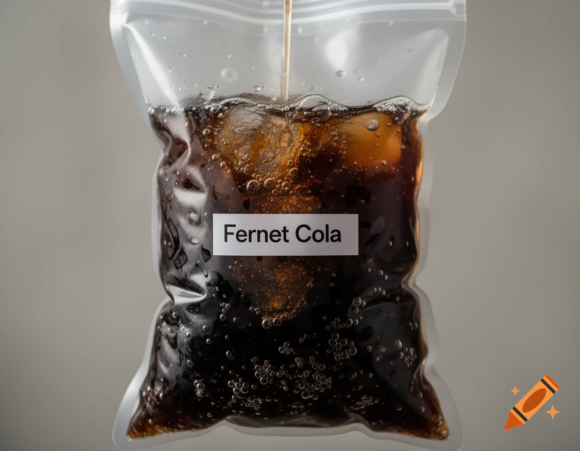 A clear plastic pouch filled with bubbly dark cola and ice, a straw inserted, labeled 'Fernet Cola'.