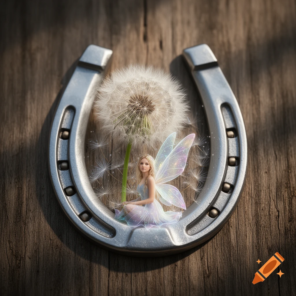 A tiny fairy with iridescent wings sits inside a silver horseshoe next to a large dandelion on a rustic wooden surface, with seeds floating around.