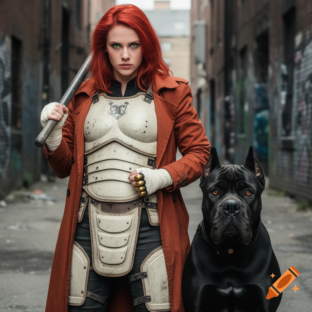 A red-haired pugilist in light armor and a rust-colored trench coat ...