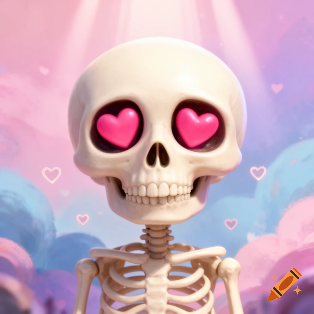 A cute, cartoonish skeleton with pink heart eyes, against a soft pink and purple background with floating white hearts.