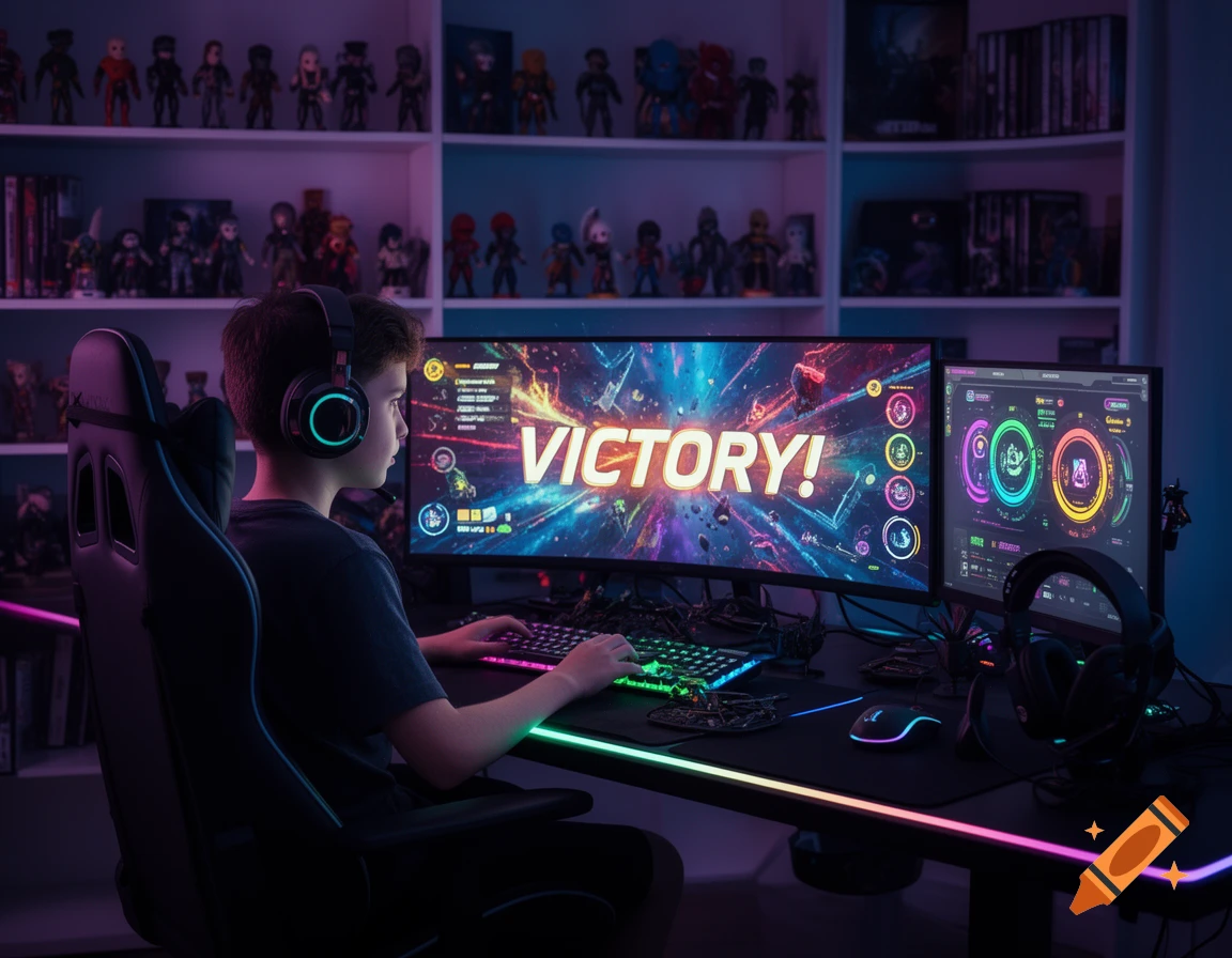 A young boy with headphones plays video games on a dual-monitor setup with RGB lighting, showing "VICTORY!" on the main screen.
