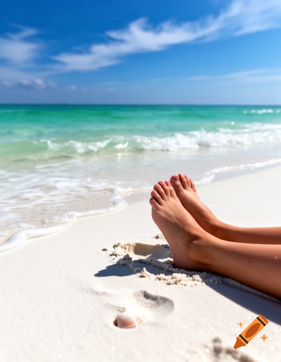 Bare feet rest on a white sandy beach with turquoise ocean waves and a clear blue sky.