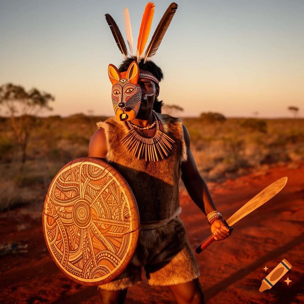 A warrior in traditional fur attire and a kangaroo mask, holding a patterned wooden shield and sword in a sunlit desert landscape.