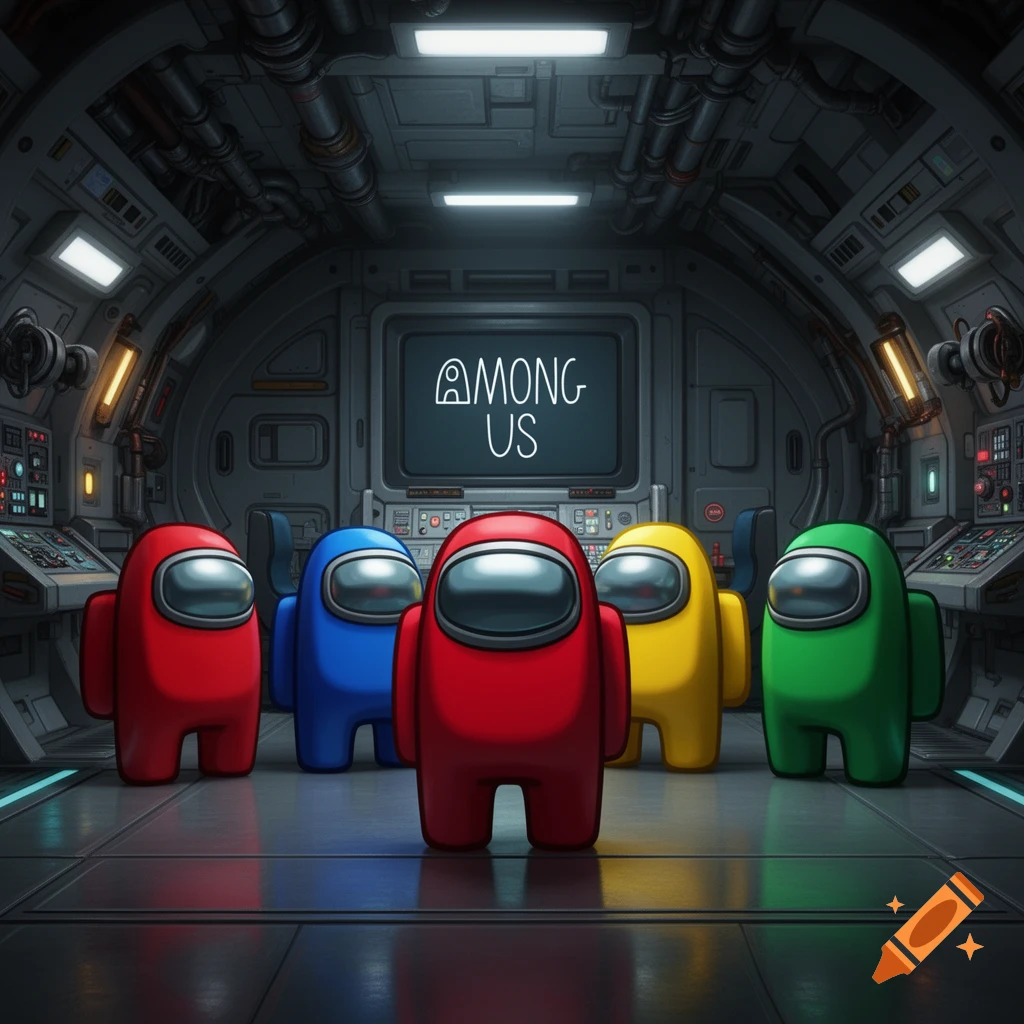Five colorful Among Us characters stand in a spaceship control room with the "AMONG US" logo on a large screen.