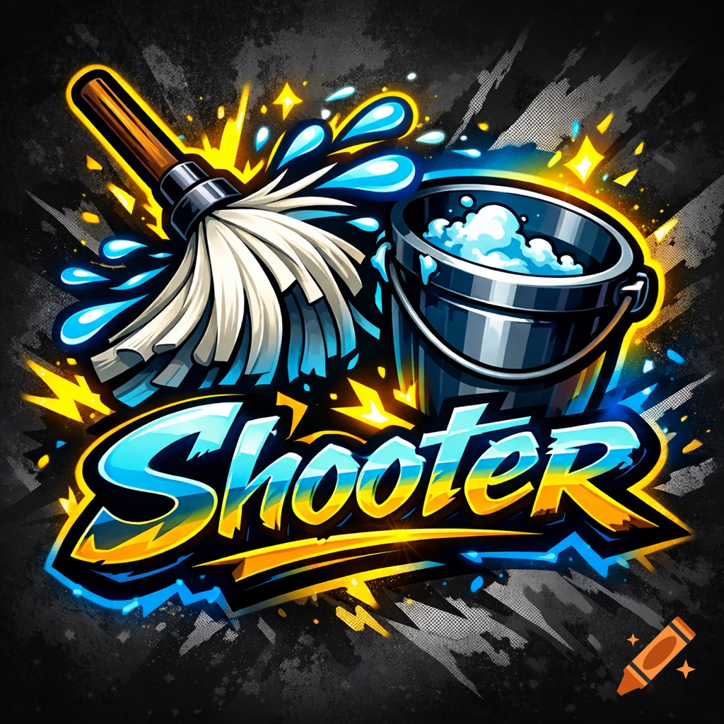 Vibrant graffiti-style logo featuring a mop, a bucket with suds, water splashes, and the word 'Shooter' in blue and yellow text.