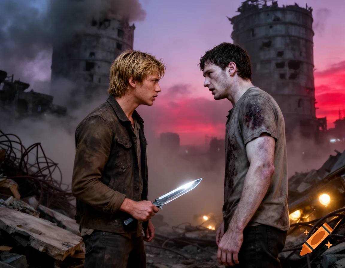 Two men confront each other in a ruined city under a dramatic red and purple sky; one holds a knife, the other has bloodstains.