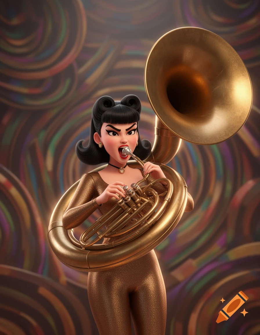 An animated 3D woman with dark retro hair in a golden bodysuit aggressively plays a bronze sousaphone against a colorful swirling background.