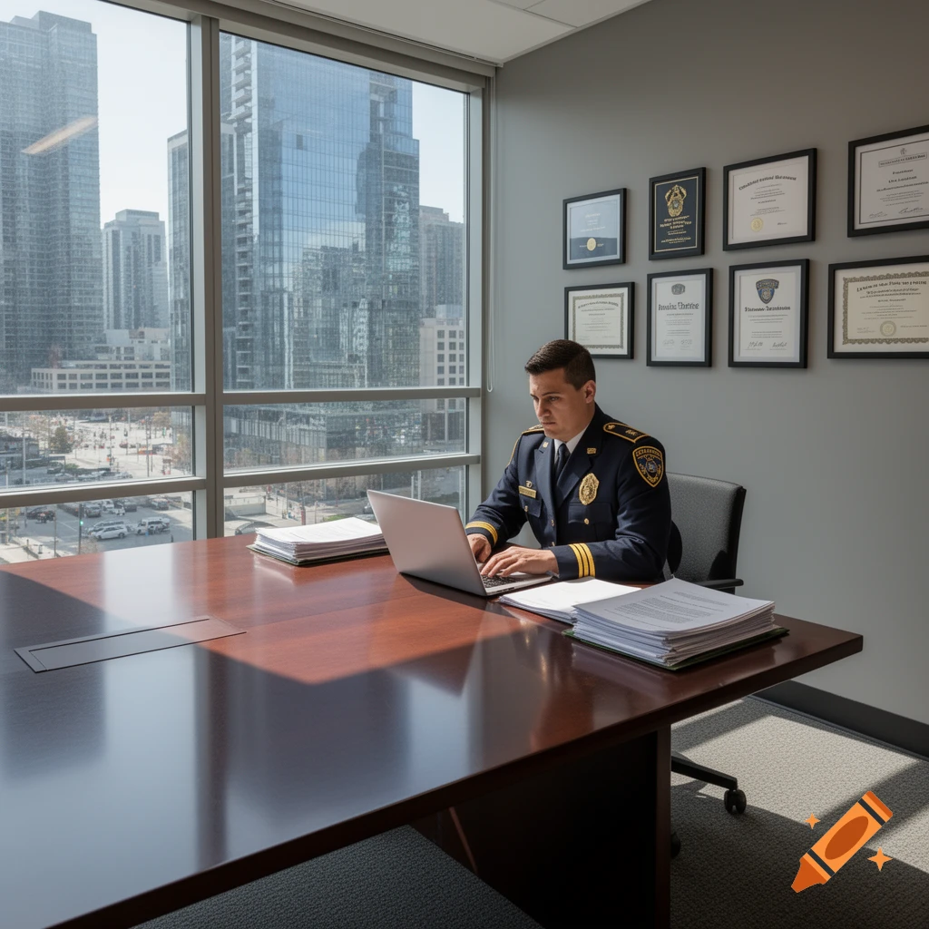 A man in a police uniform sits at a large wooden desk, working on a laptop, with a city skyline visible through a large window behind him.