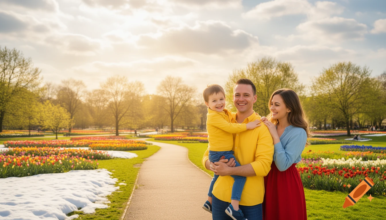Photorealistic image of a happy family in a vibrant spring park with ...