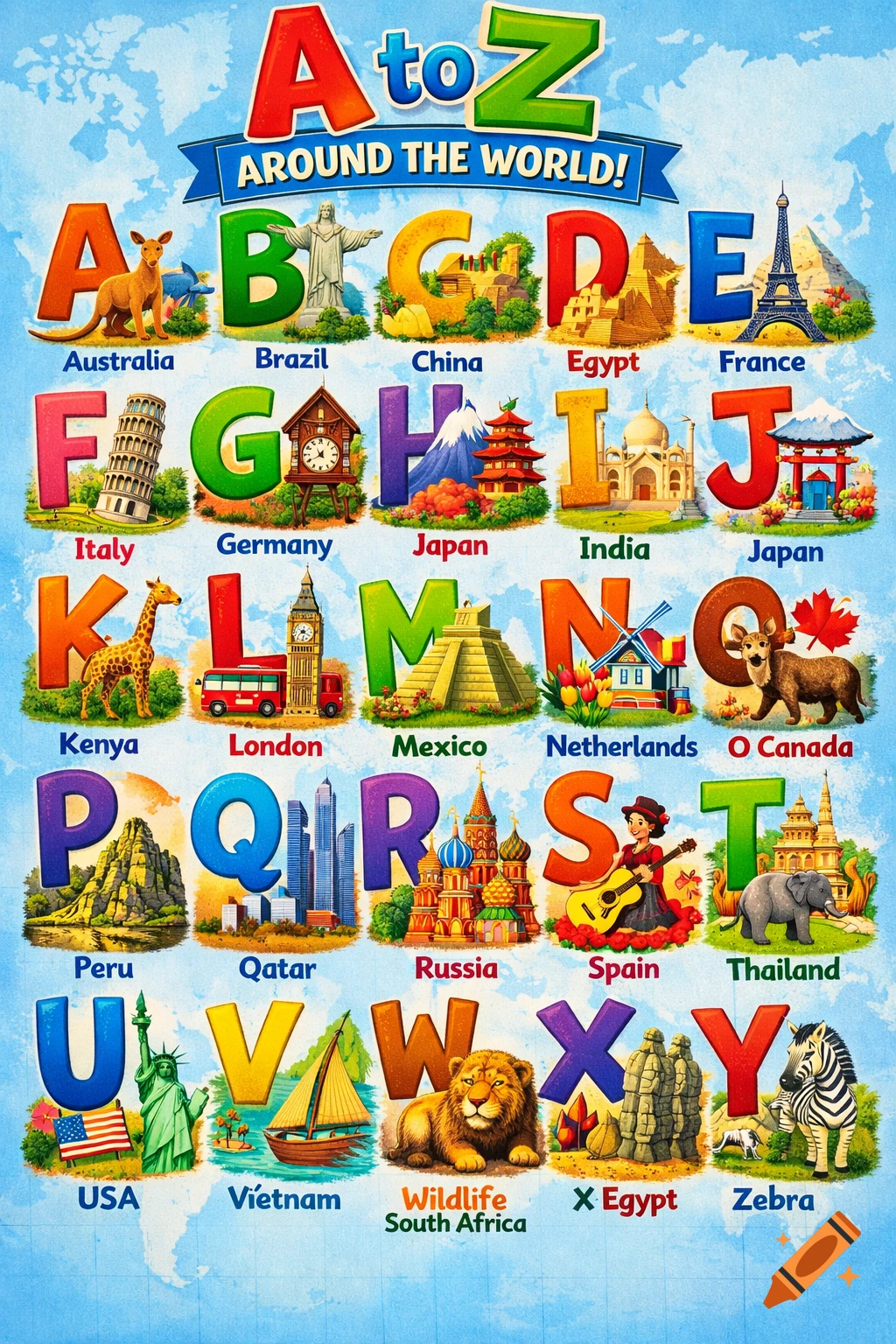 Colorful A-Z world alphabet poster with each letter featuring a country or landmark, like Australia for A and the Eiffel Tower for E, on a light blue world map background.