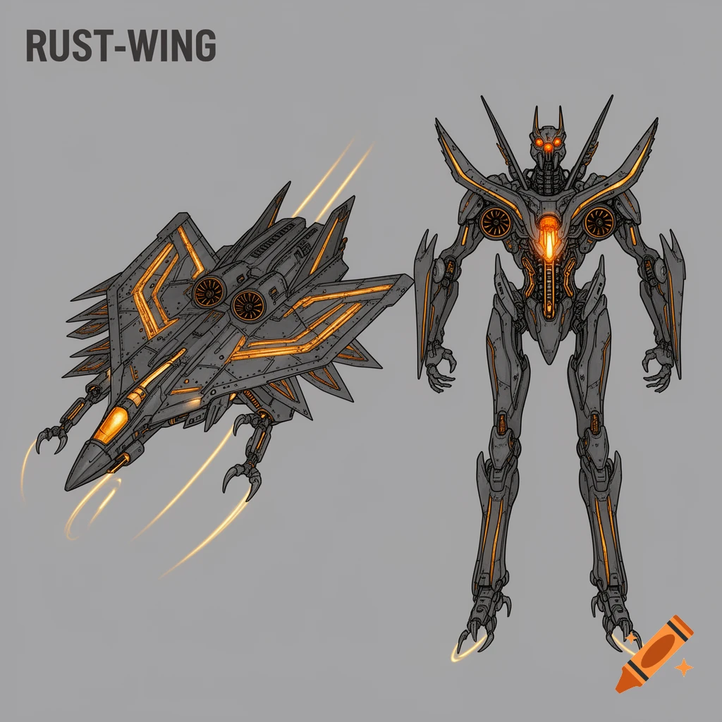 Concept art of Rust-Wing, a Transformer, in gray and orange jet mode and its tall, lean robot form with glowing details.