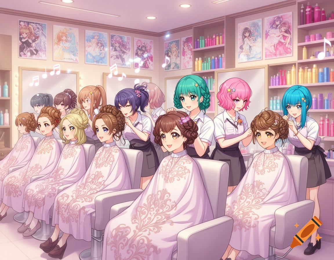 Anime-style scene of female hairdressers styling clients' hair in a bright, colorful beauty salon.