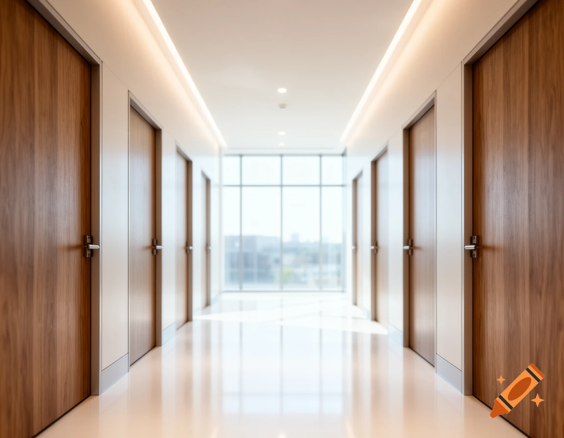 A bright, modern hallway with multiple wooden doors lining both sides, leading to a large window at the far end.