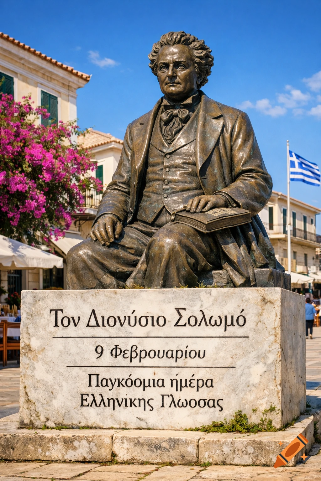 Bronze statue of Dionysios Solomos on a marble pedestal with Greek text, in a sunny town square with a Greek flag and magenta bougainvillea.