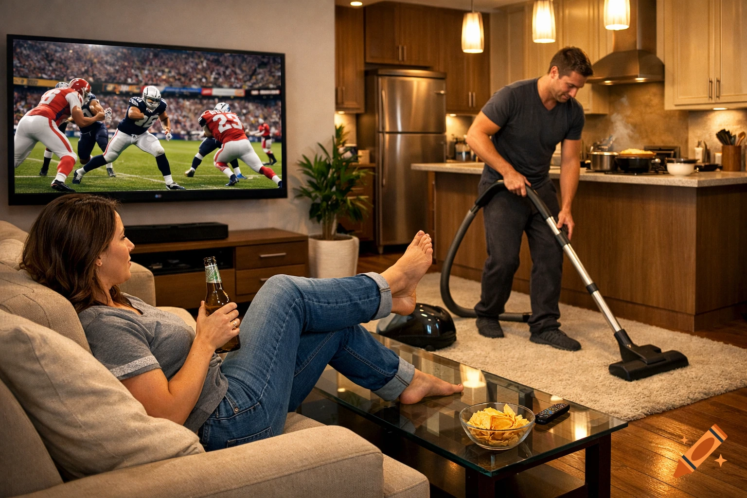 Photorealistic image of a woman relaxing on a sofa watching football, drinking beer, as a man vacuums and cooks in the background.