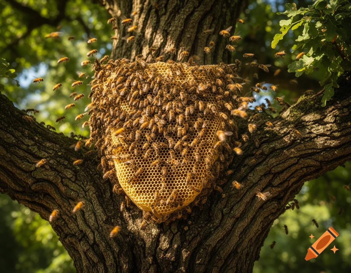 A large beehive densely covered with bees, attached to the trunk of an old tree. Many bees fly around the golden honeycomb cells.
