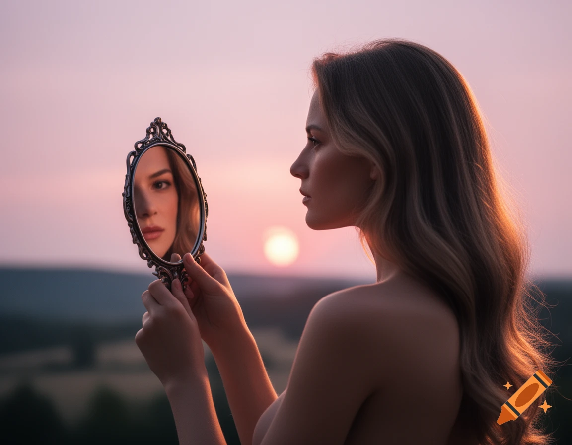 A woman with long hair looks into an ornate handheld mirror during a sunset, with her reflection visible.