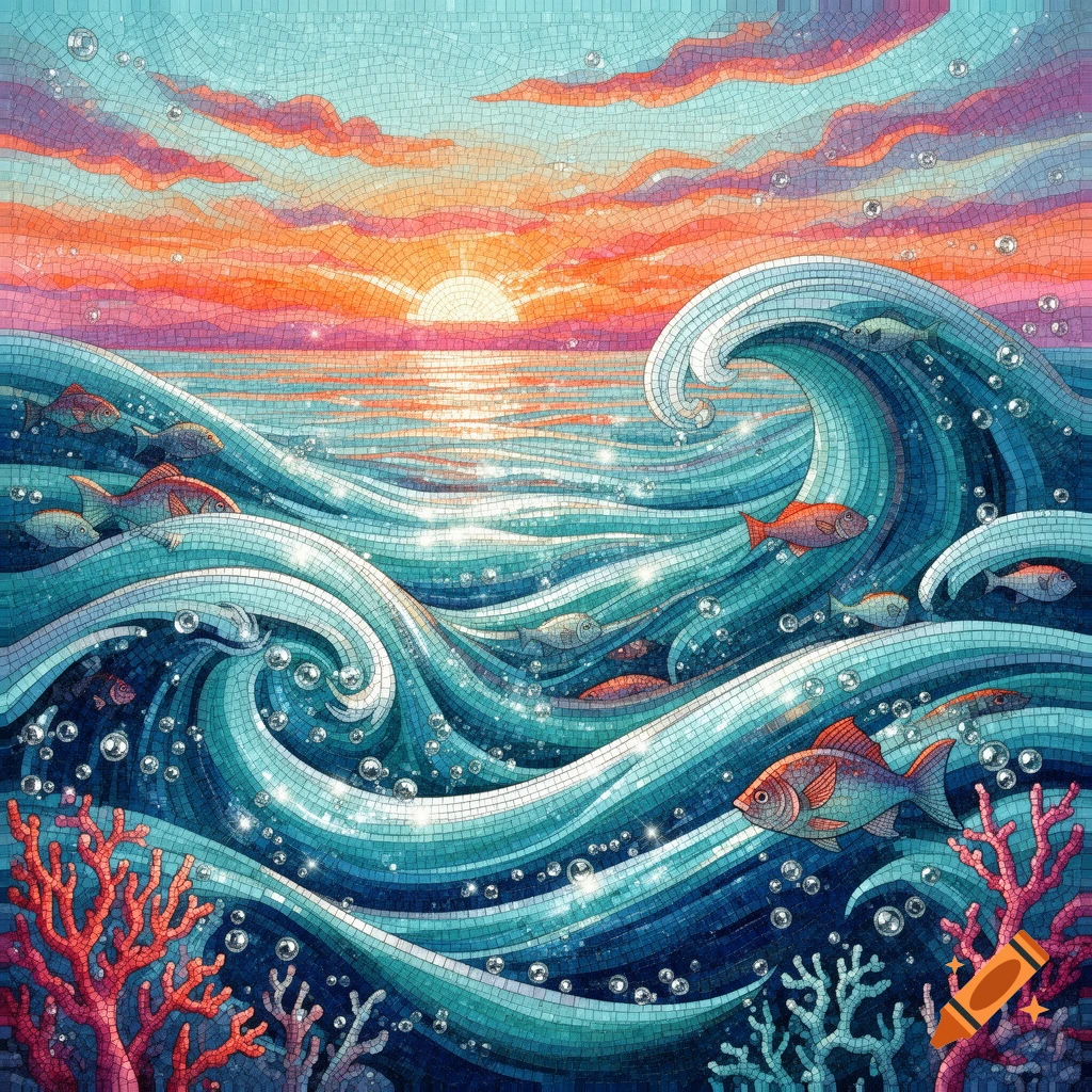 A vibrant mosaic depicts an ocean scene with stylized waves, colorful fish, coral, and a sunset.
